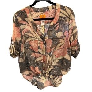 Ruby Rd Women's Tropical Floral Tie Front Roll Tab Top - Size Petite Medium